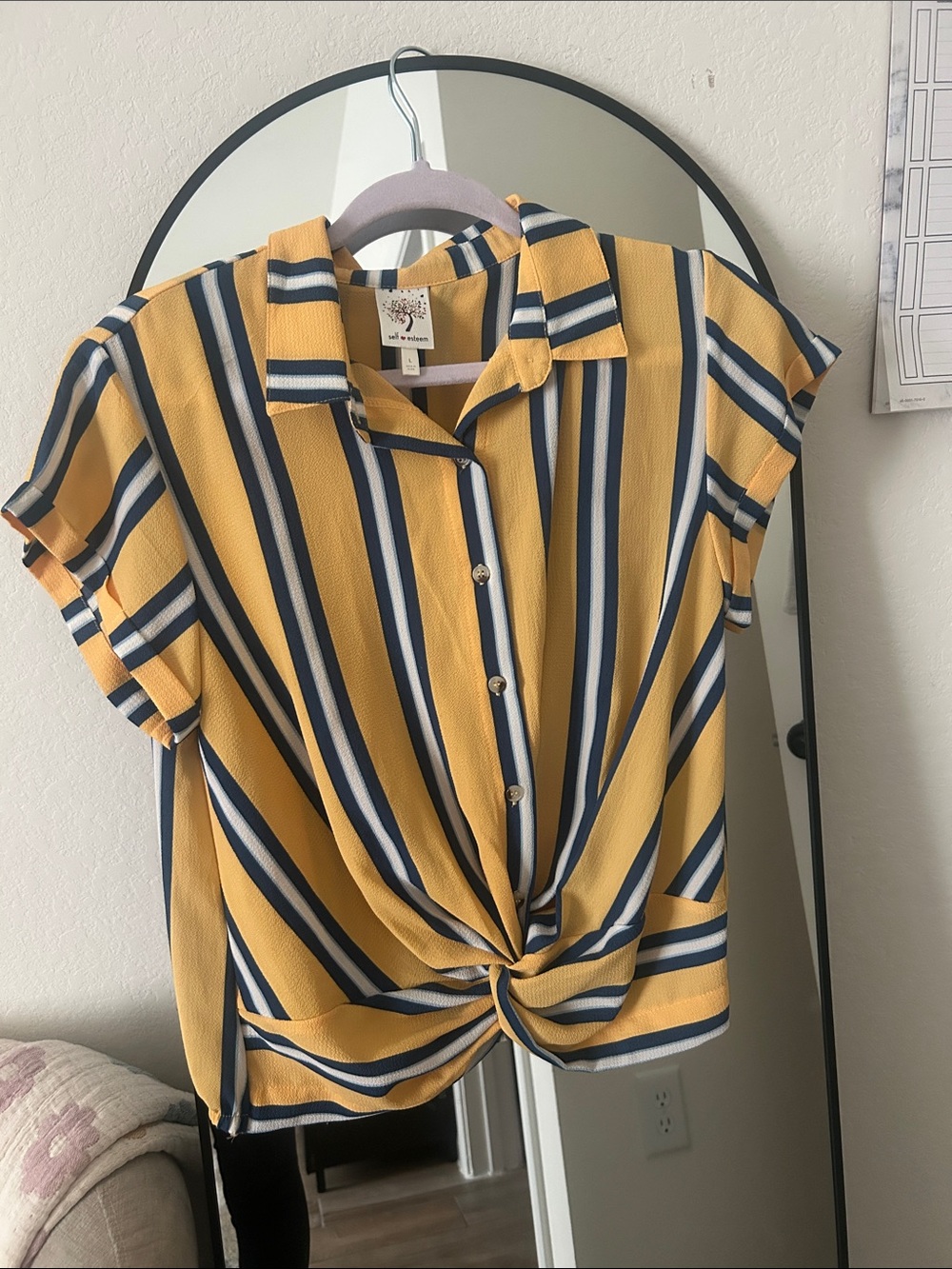 Striped Knot-Front Short Sleeve Blouse - Mustard Blue